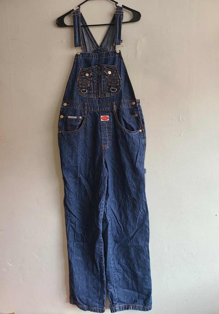 Women's large vintage 90s Y2K Revolt blue denim cargo dark wash overalls
